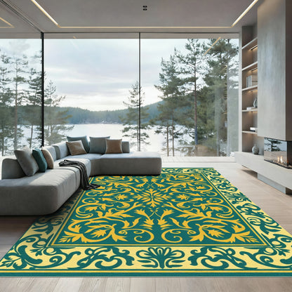 Golden Teal Floral Scroll Border Rug