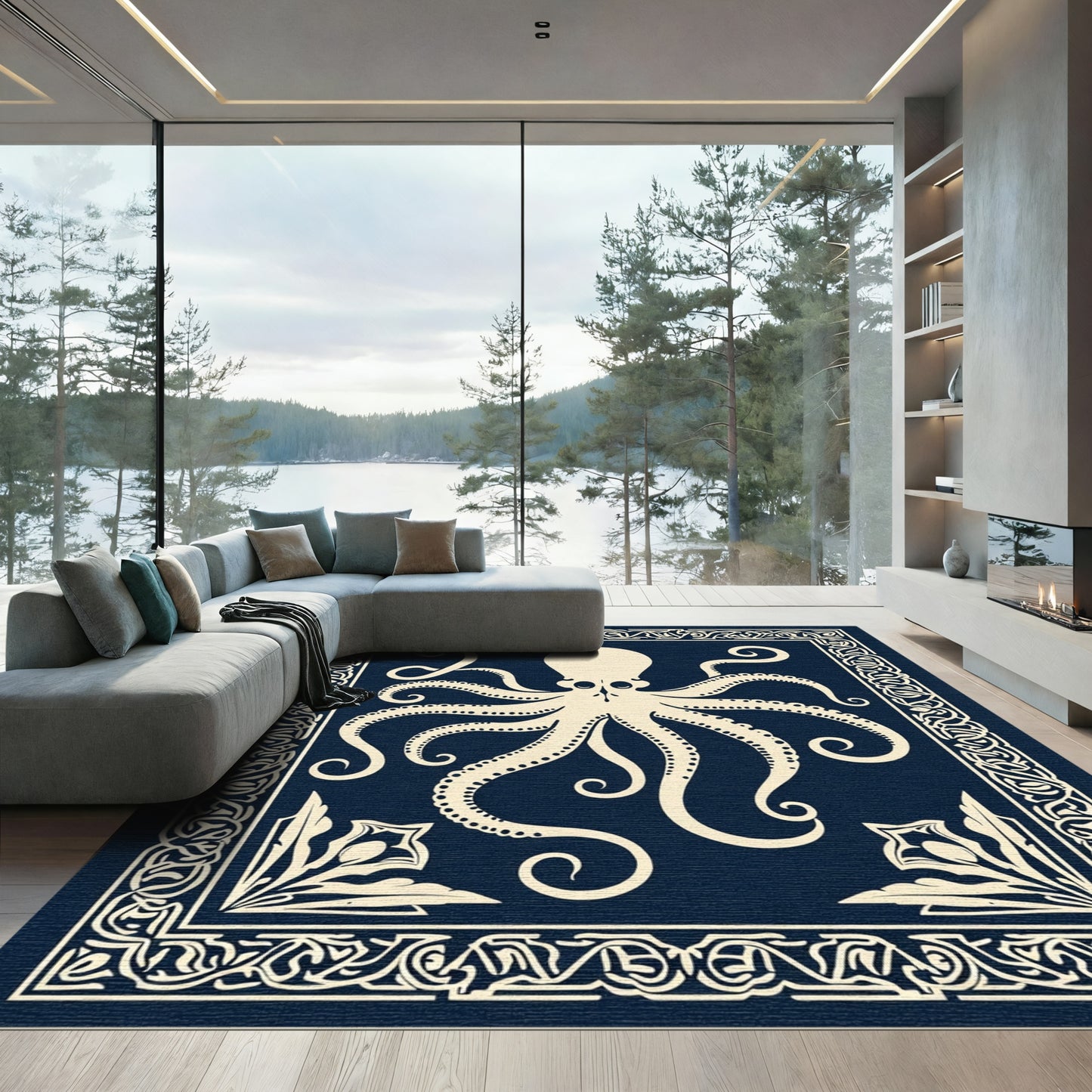 Cream Octopus Bordered Dark Blue Rug