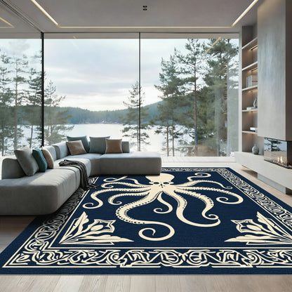 Cream Octopus Bordered Dark Blue Rug