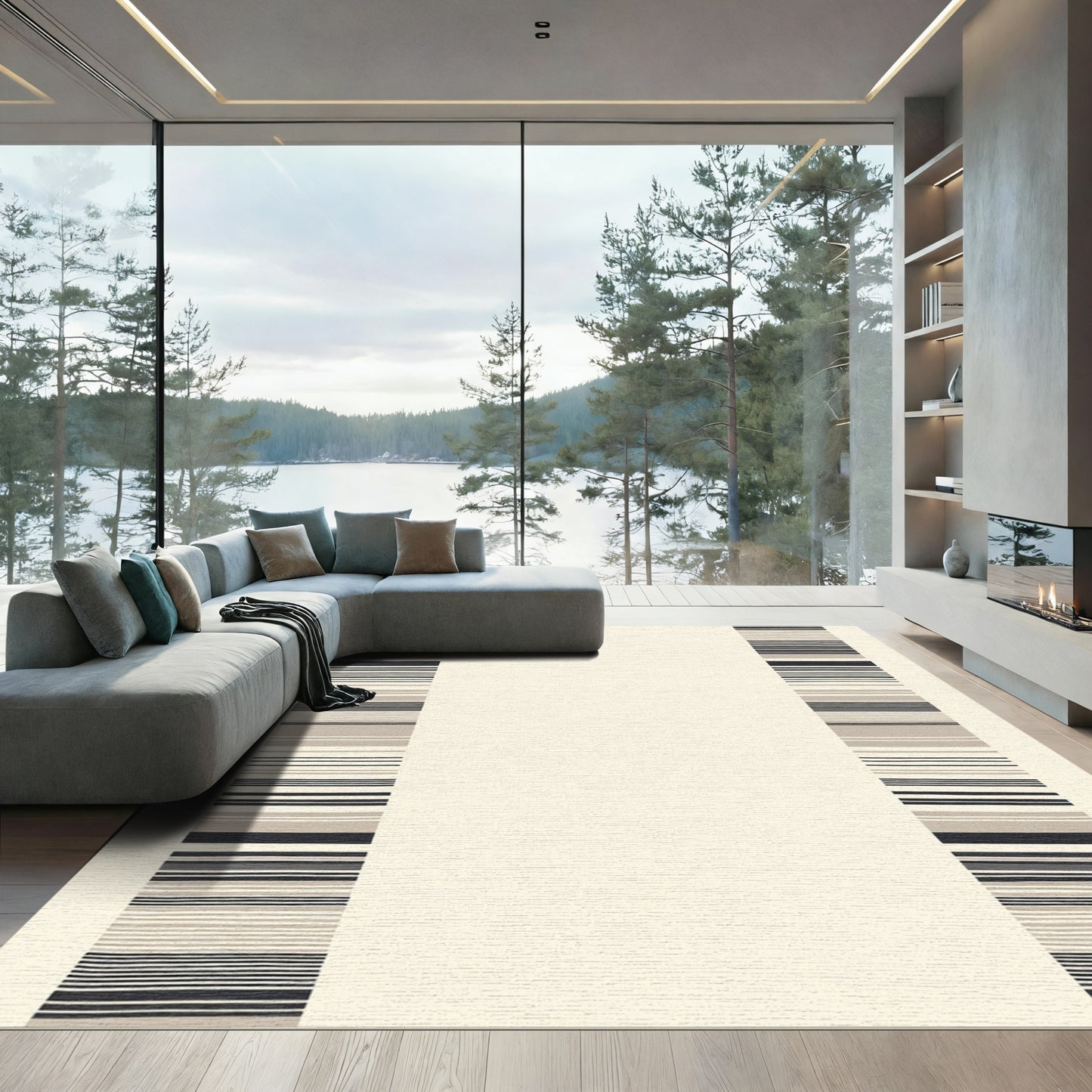 Modern Black Taupe Striped Border Rug