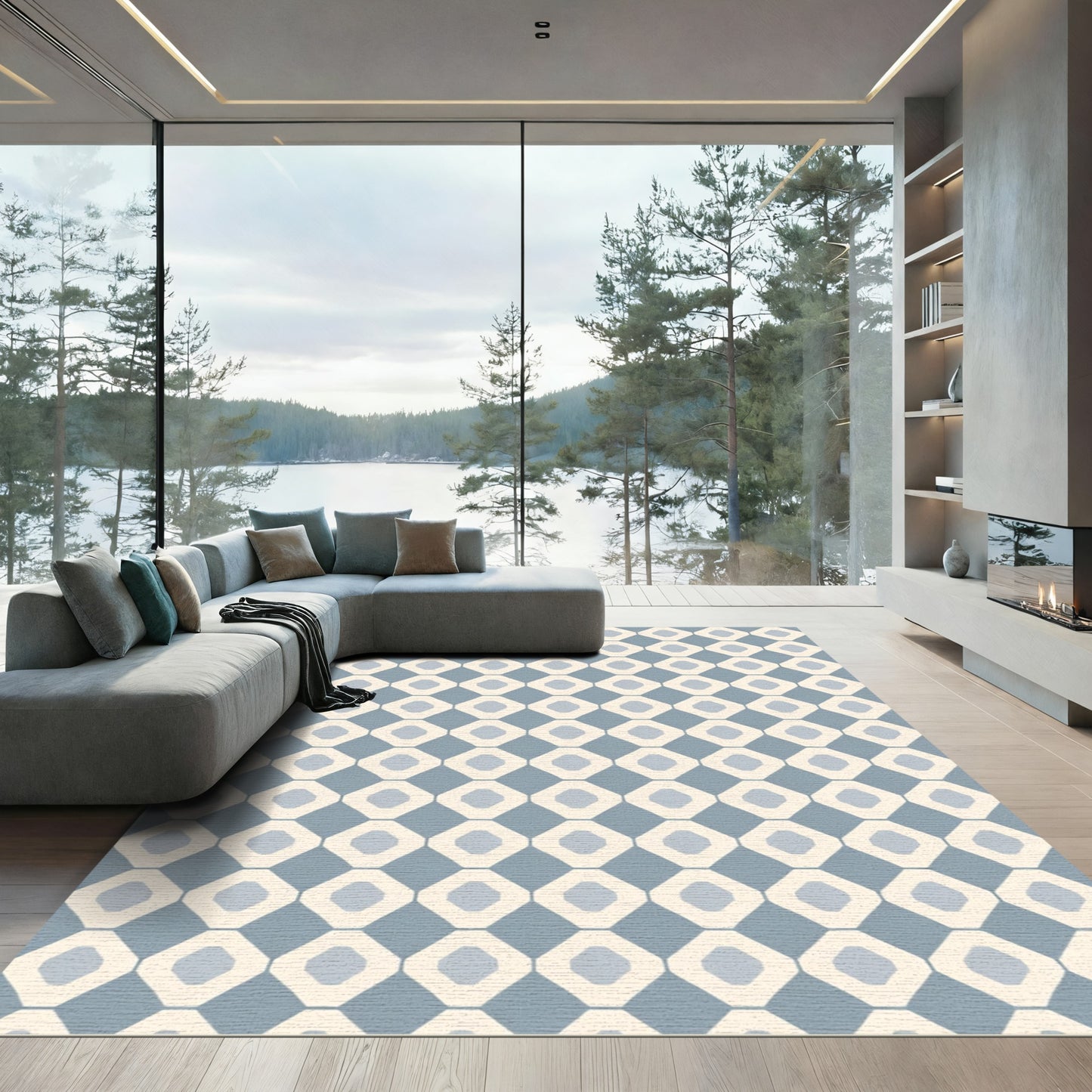 Soft Blue Cream Octagonal Grid Rug