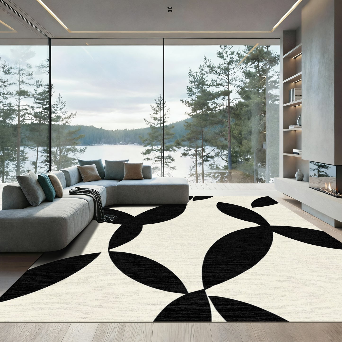 Cream and Black Interlocking Petal Shape Rug