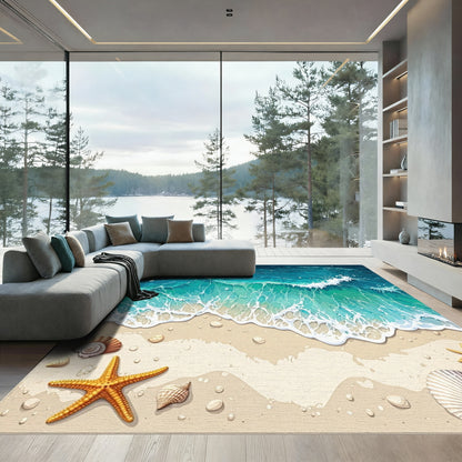 Teal Waves Sandy Beach Seashells Starfish Rug