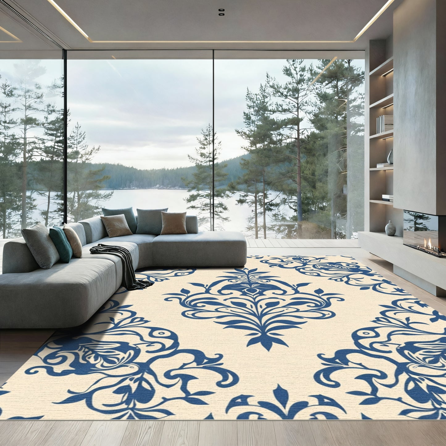 Elegant Blue Floral Damask Runner Rug
