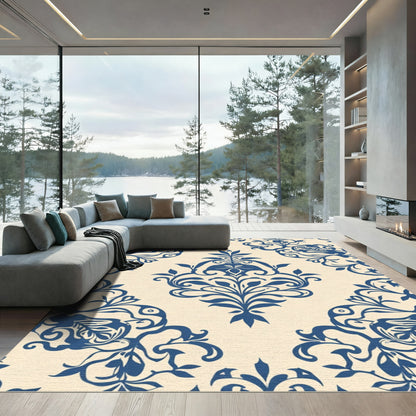 Elegant Blue Floral Damask Runner Rug