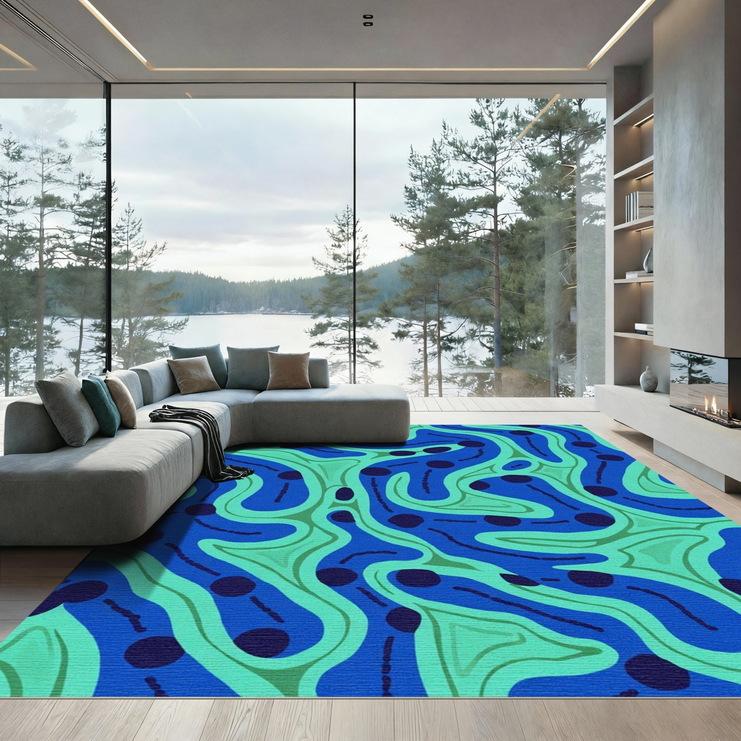 Deep Blue Abstract Organic Swirl Rug