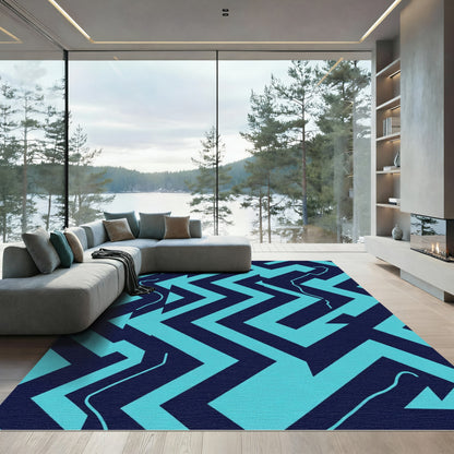 Navy Aqua Zigzag Maze Graphic Rug