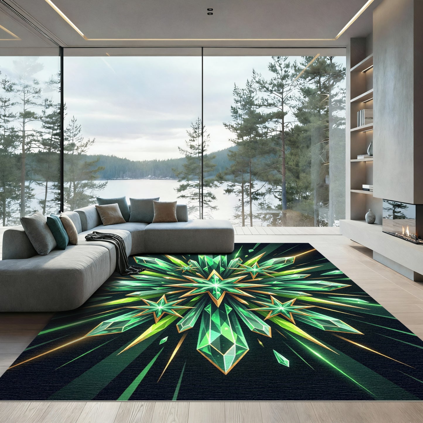 Radiant Emerald Crystal Explosion Rug