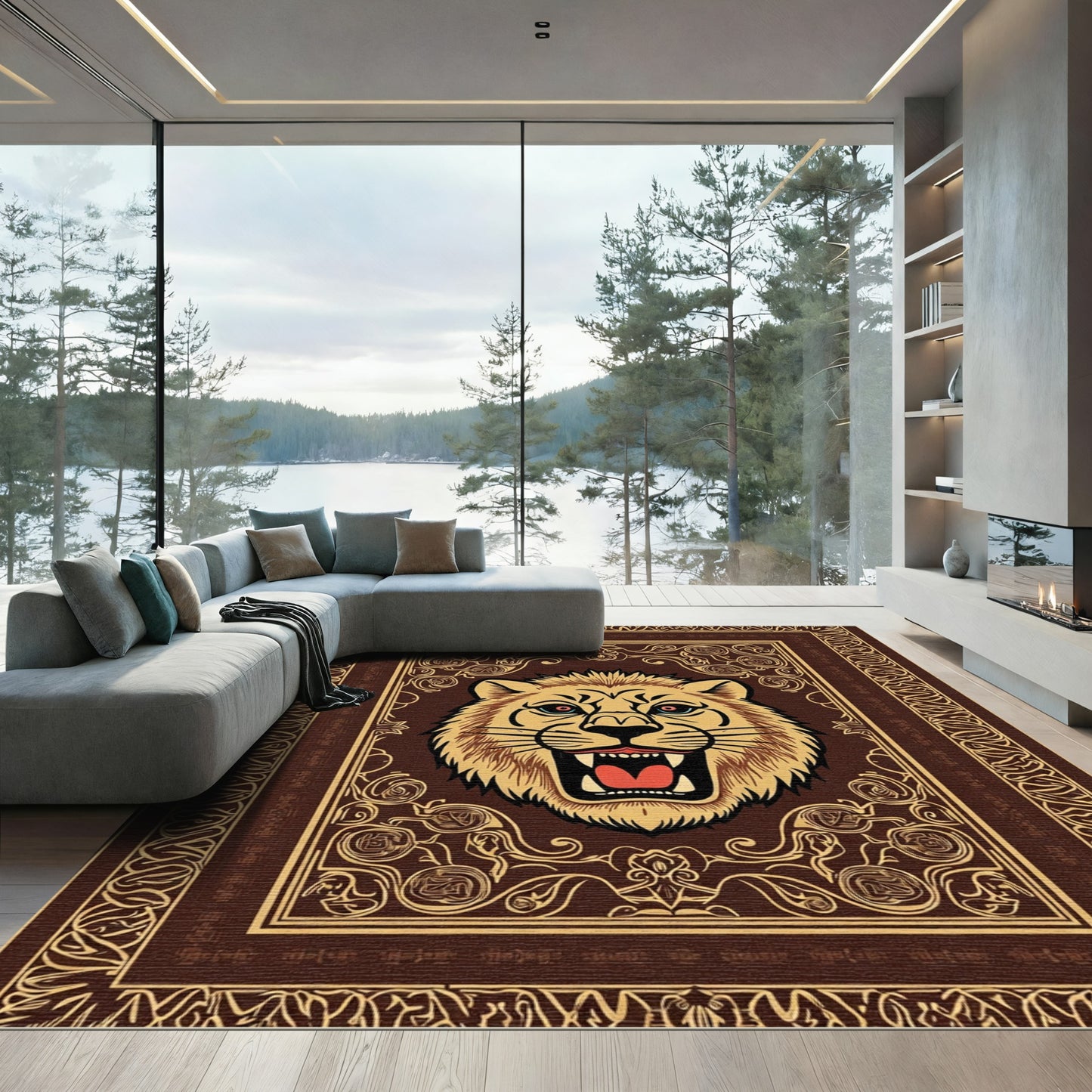 Roaring Lion Head Brown Golden Border Rug