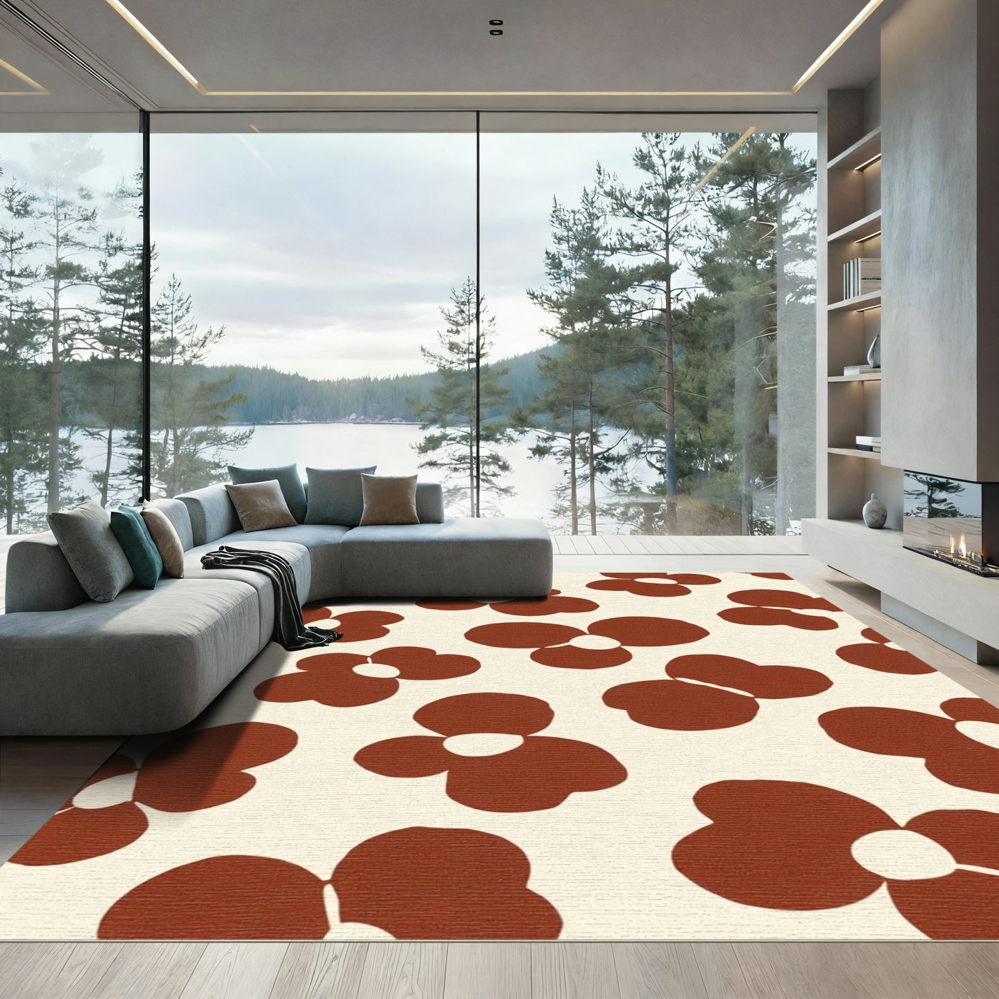 Retro Brown Floral Petal Scatter Rug
