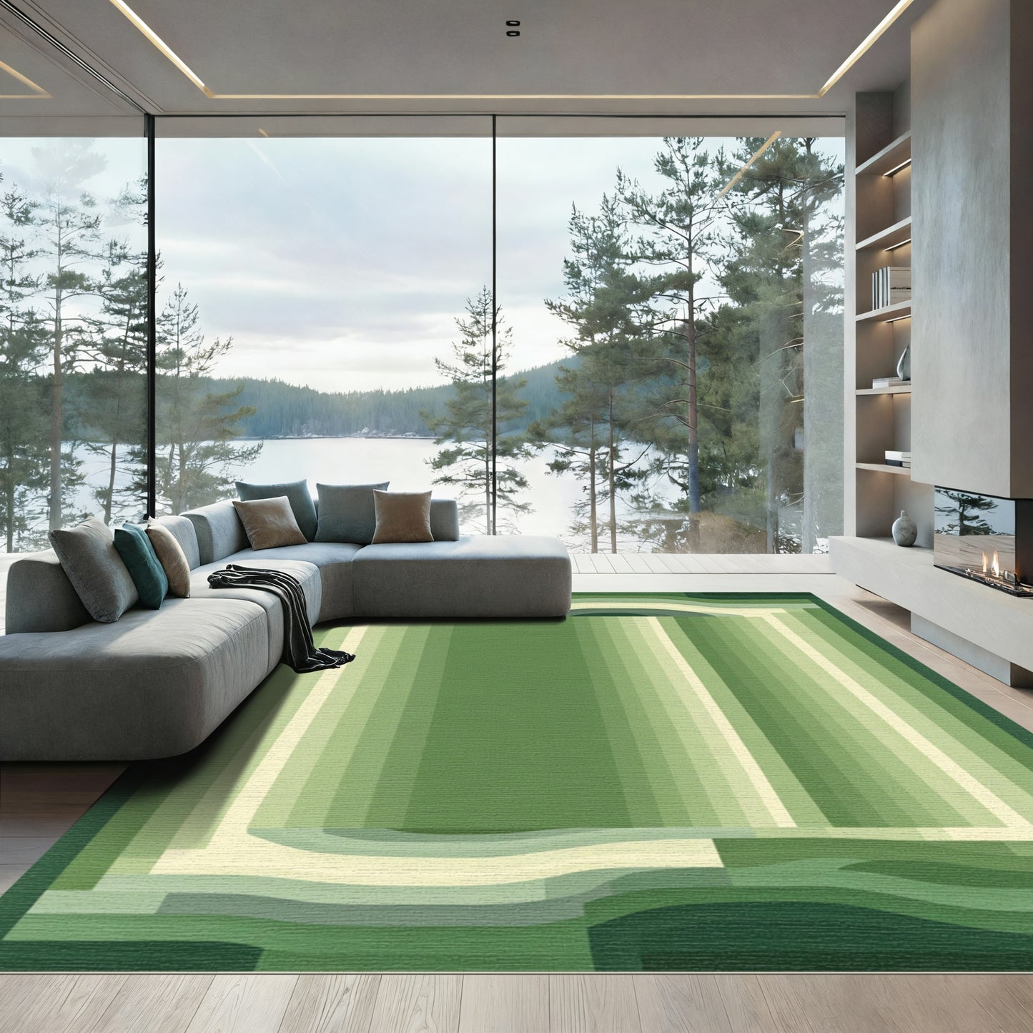 Serene Green Striped Layered Rug