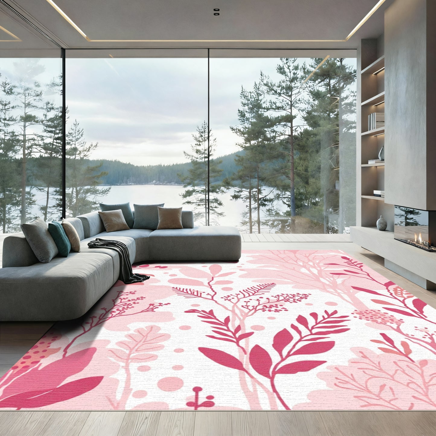 Pink Floral Botanical Garden Scene Rug