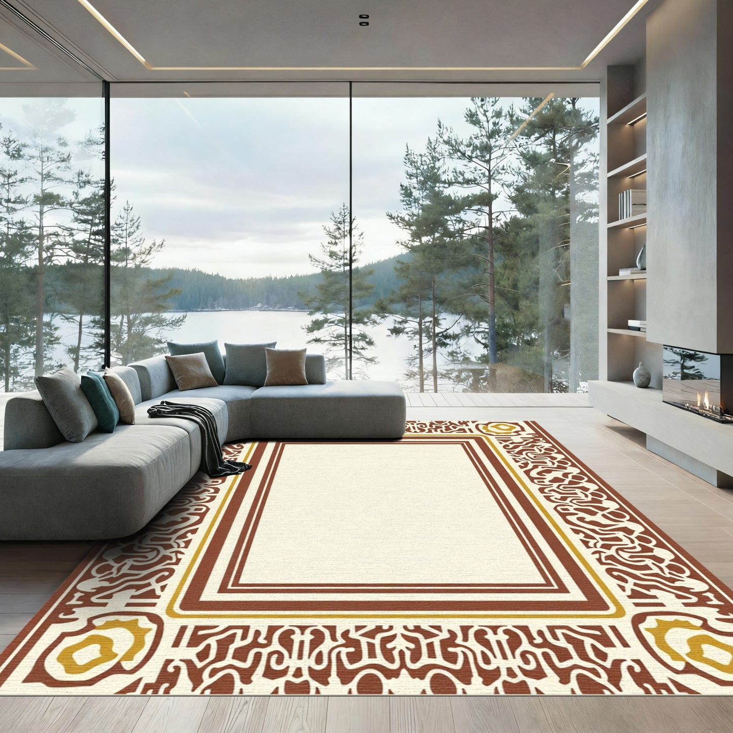 Rich Brown Golden Floral Border Rug