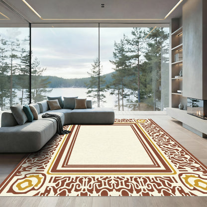 Rich Brown Golden Floral Border Rug
