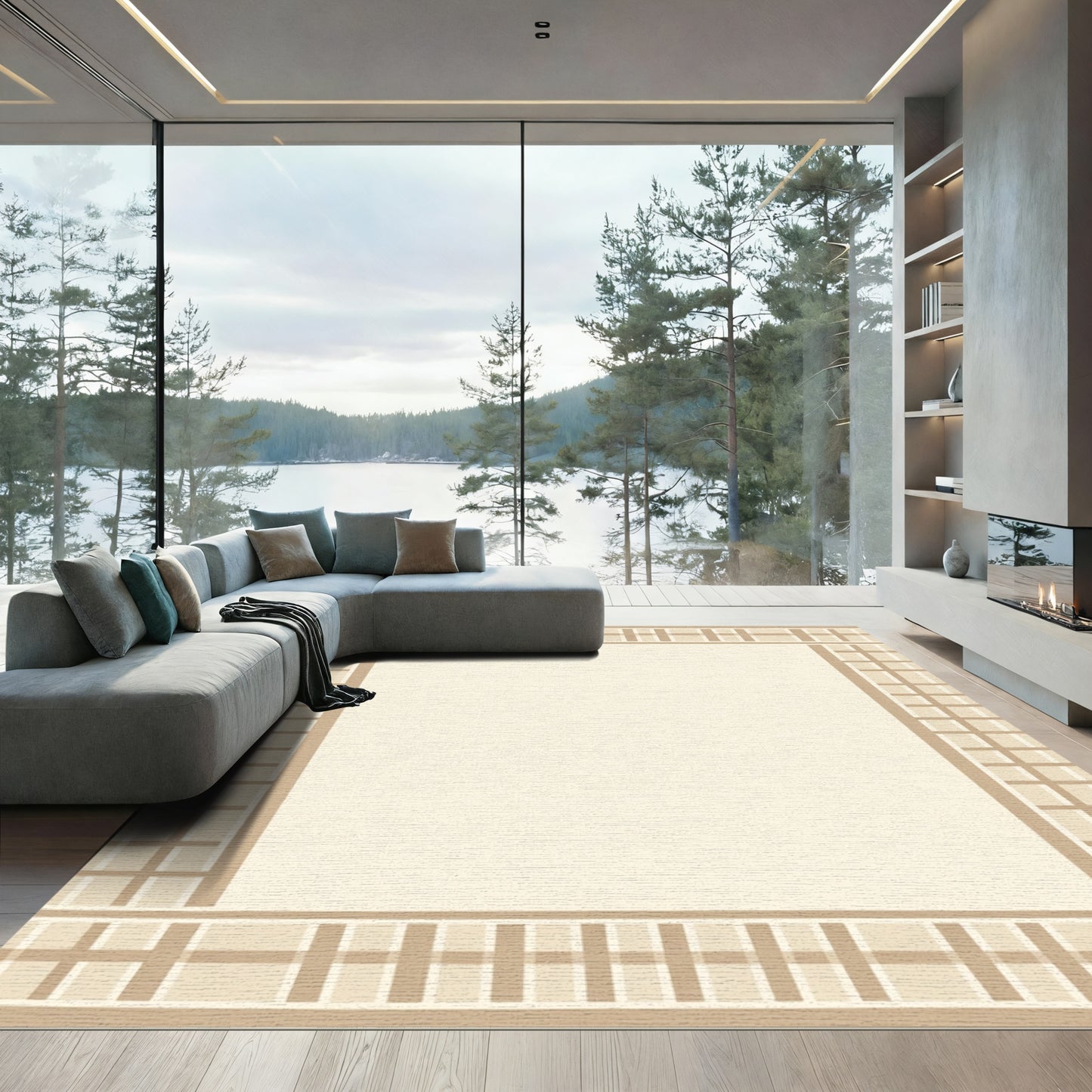 Cream Beige Checkered Border Rug