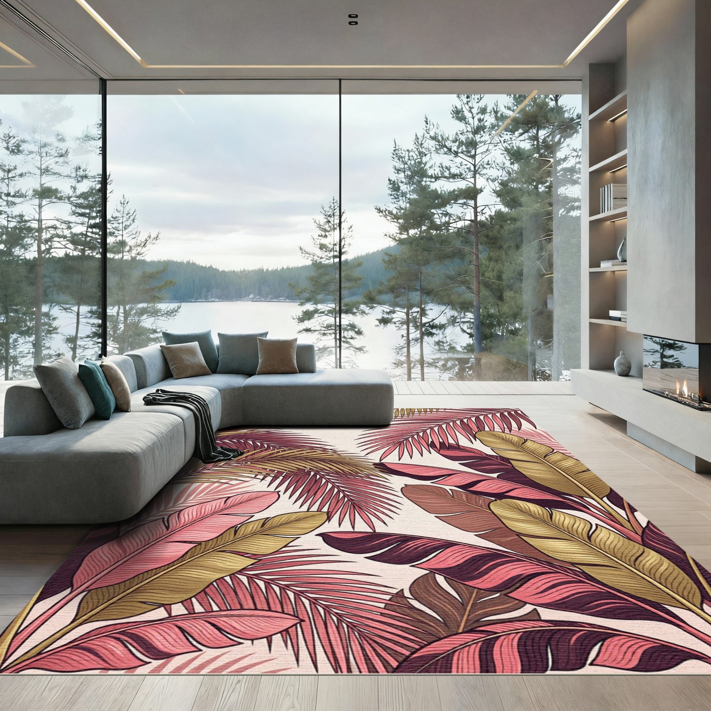Tropical Pink Banana Leaf Arrangement Rug