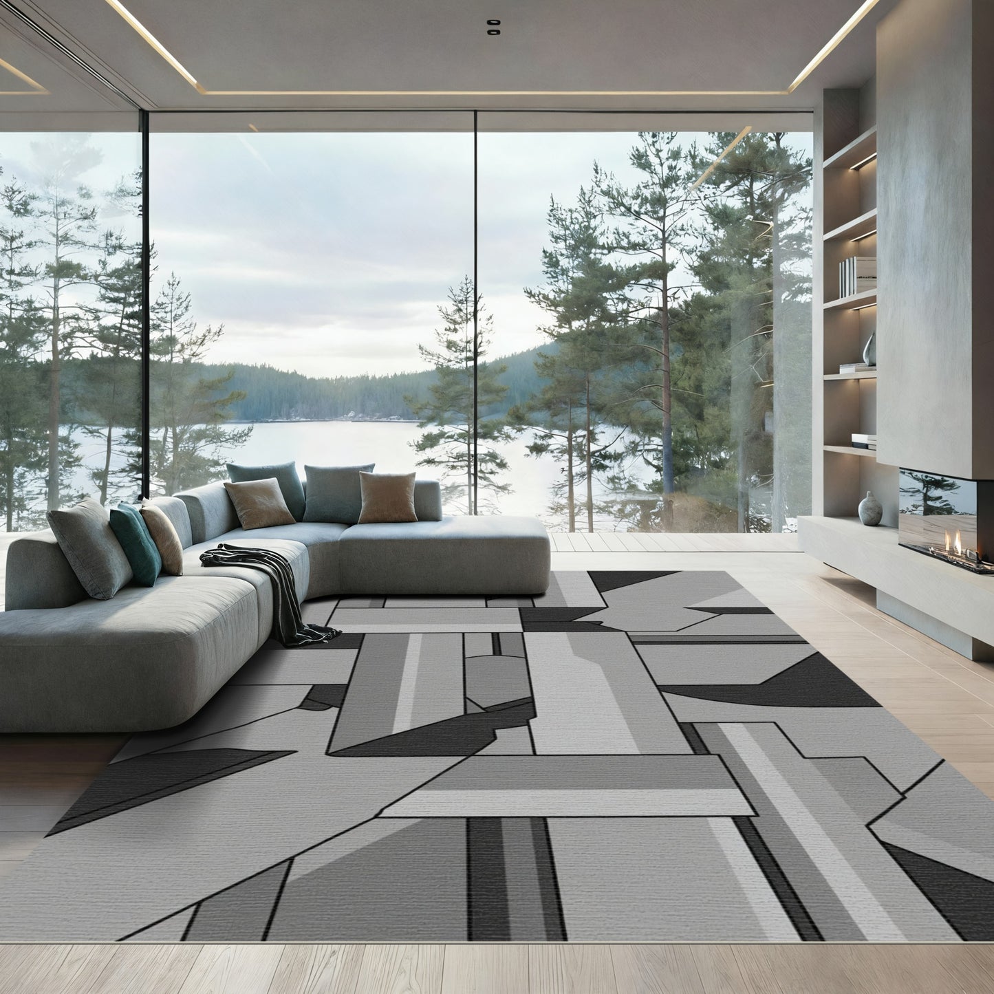 Monochrome Geometric Abstract Composition Rug