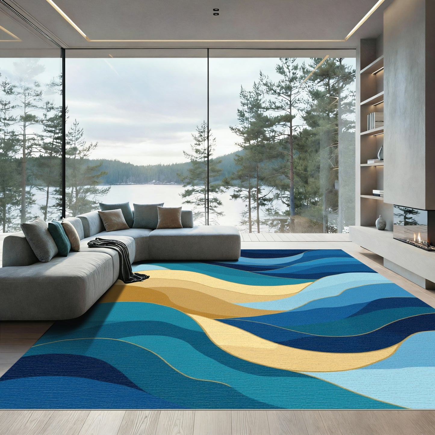 Deep Blue Gold Wavy Stripes Rug