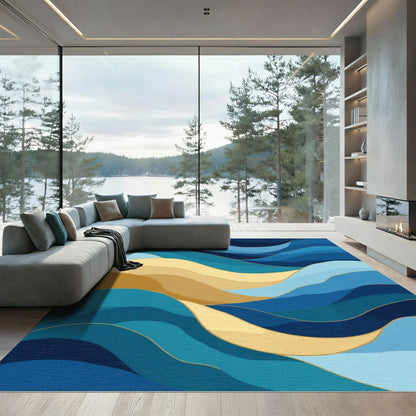 Deep Blue Gold Wavy Stripes Rug
