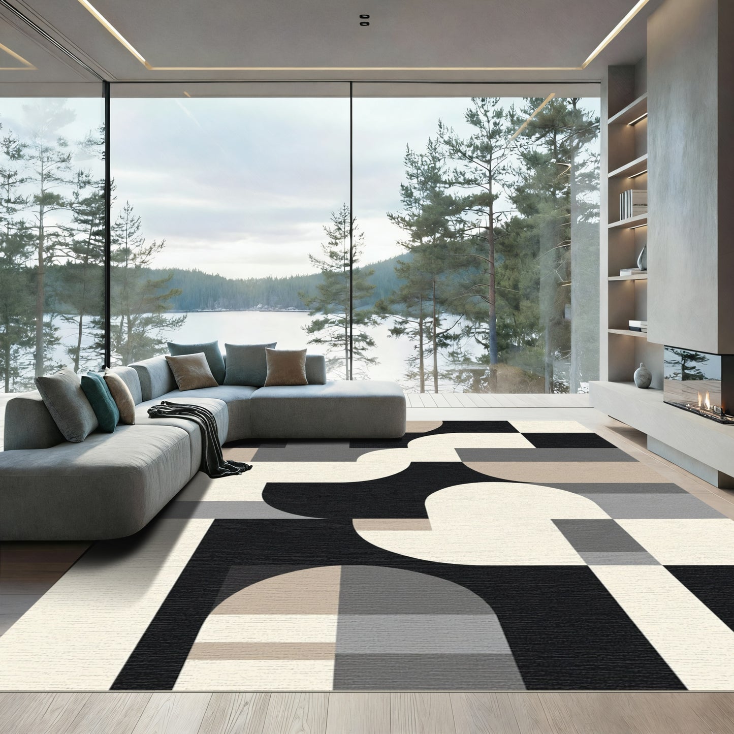 Modern Black Cream Geometric Arc Rug
