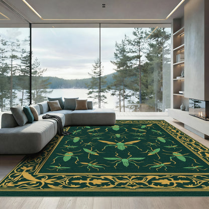 Green and Gold Insect Collage Border Rug