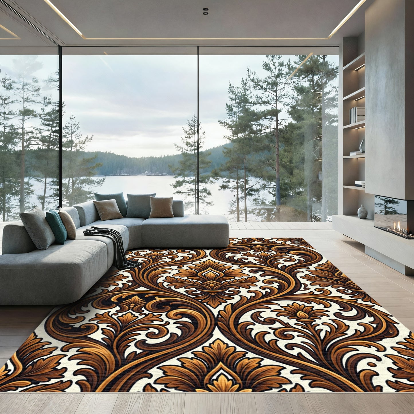 Rich Gold Baroque Floral Swirl Rug
