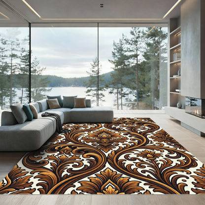 Rich Gold Baroque Floral Swirl Rug