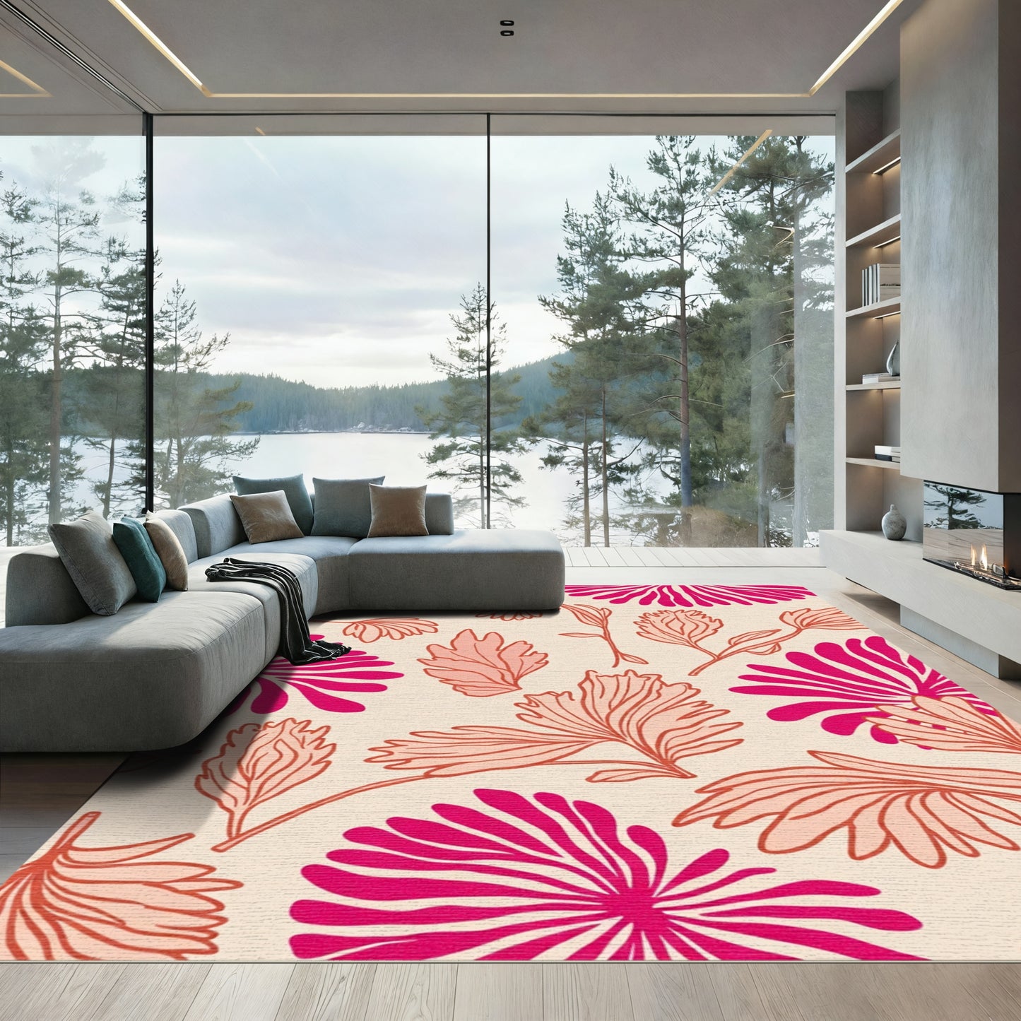 Vibrant Pink Coral Botanical Leaf Rug