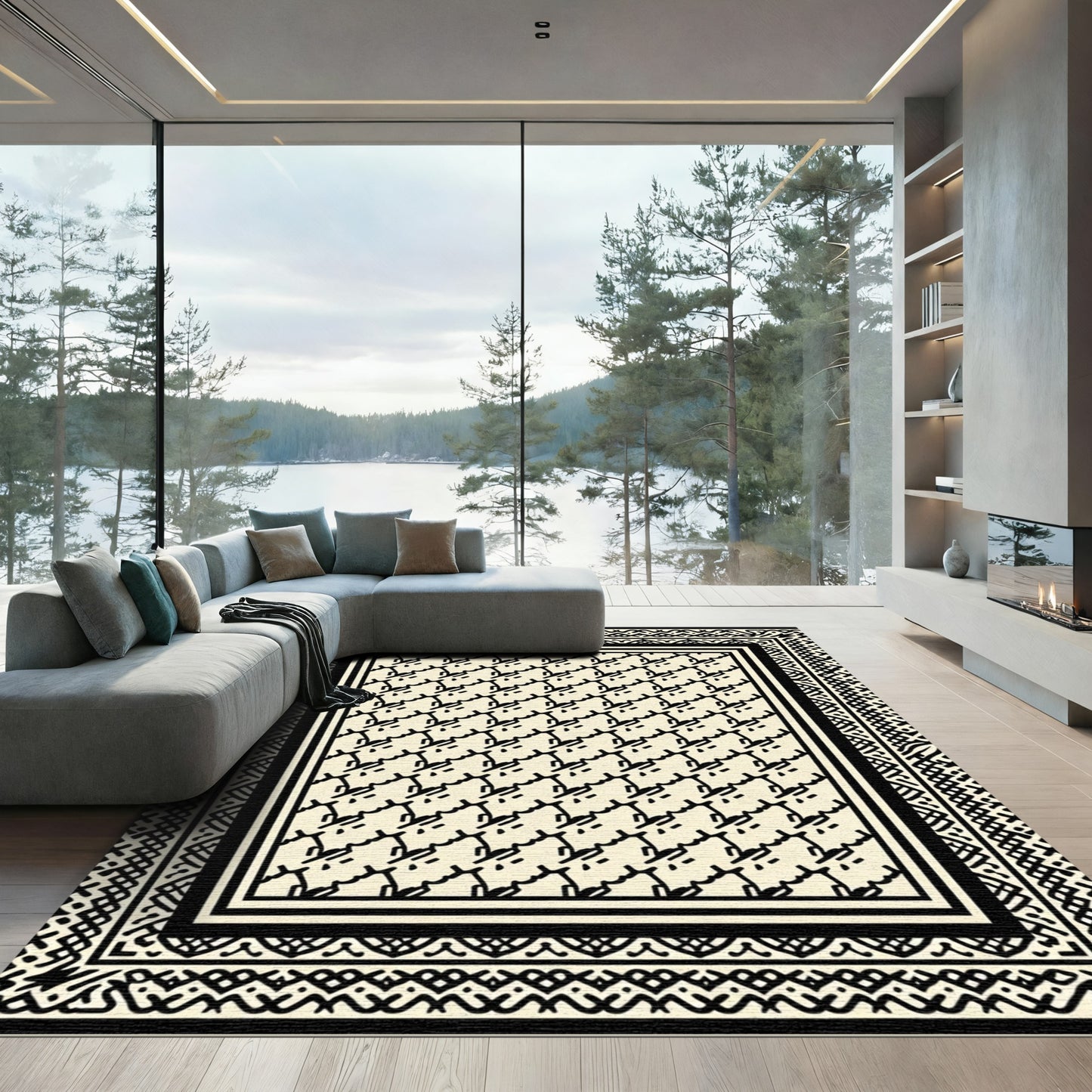 Cream and Black Abstract Tessellation Rug
