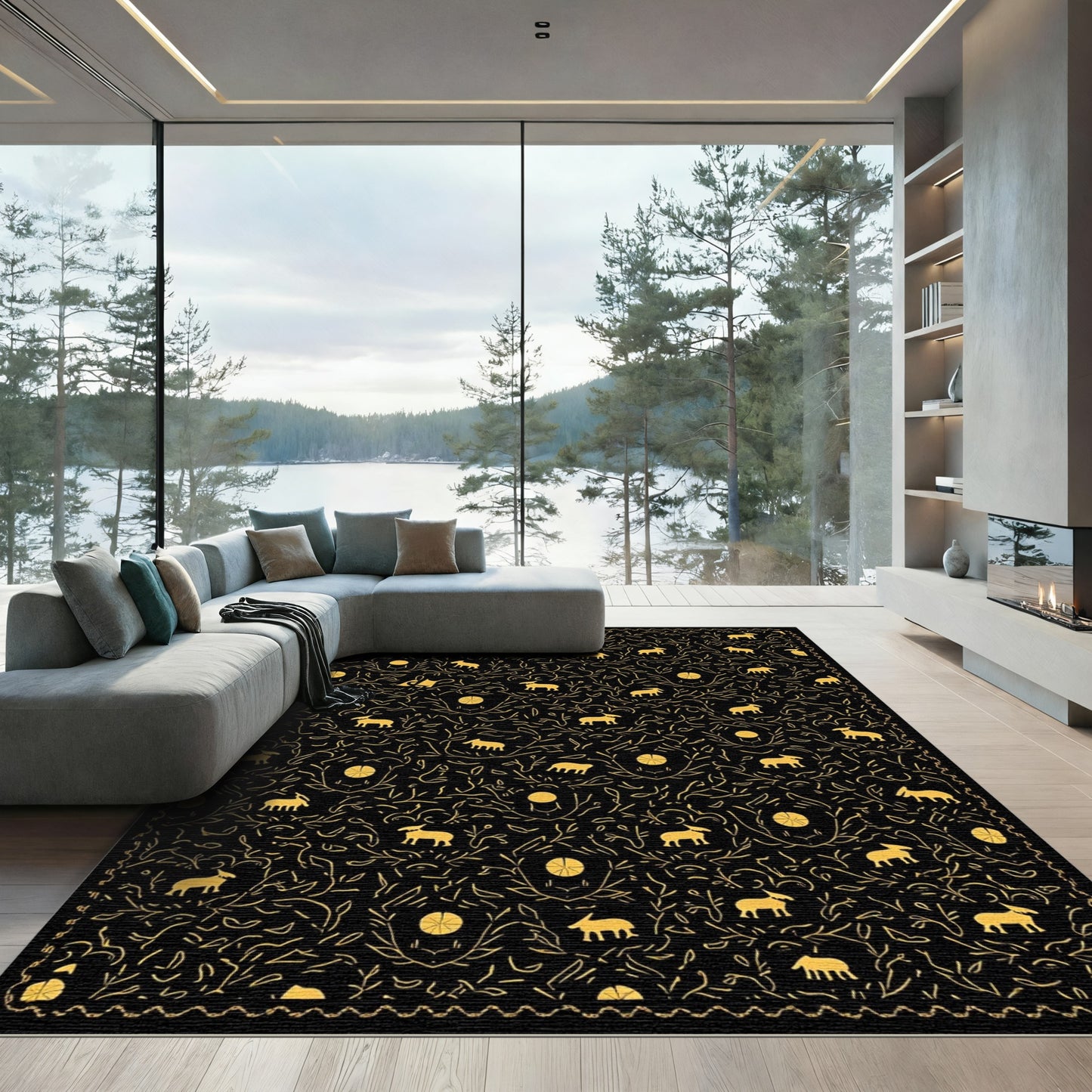 Golden Sheep Black Foliage Jacquard Rug