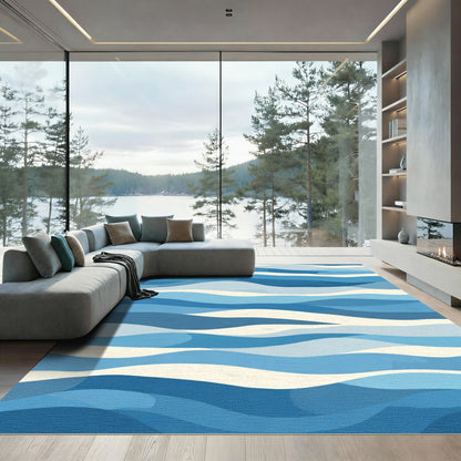 Oceanic Blue Layered Wave Rug