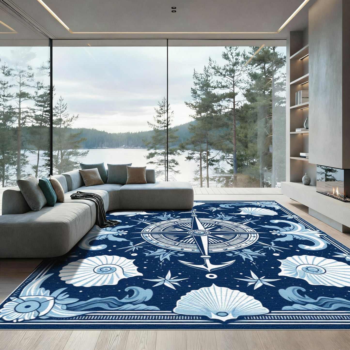 Nautical Compass Seashell Starfish Blue Rug