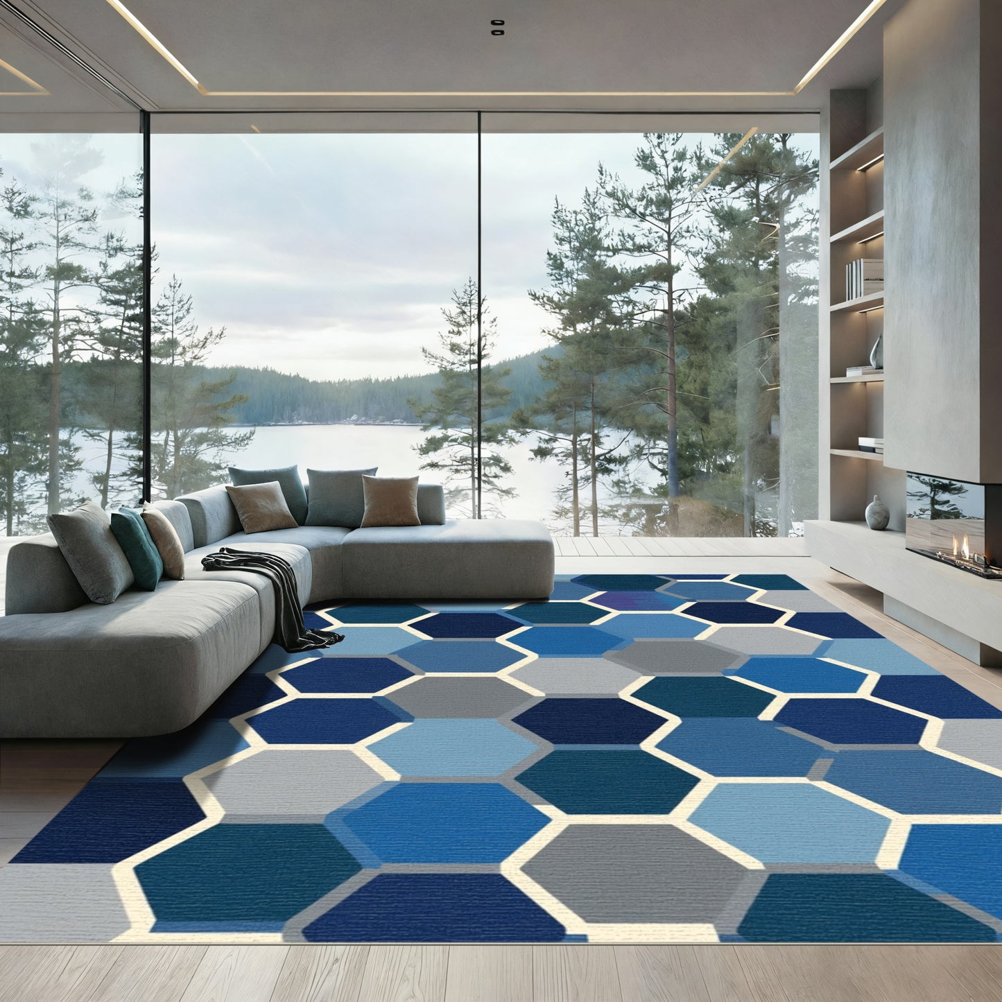 Deep Blue Hexagon Gradient Rug