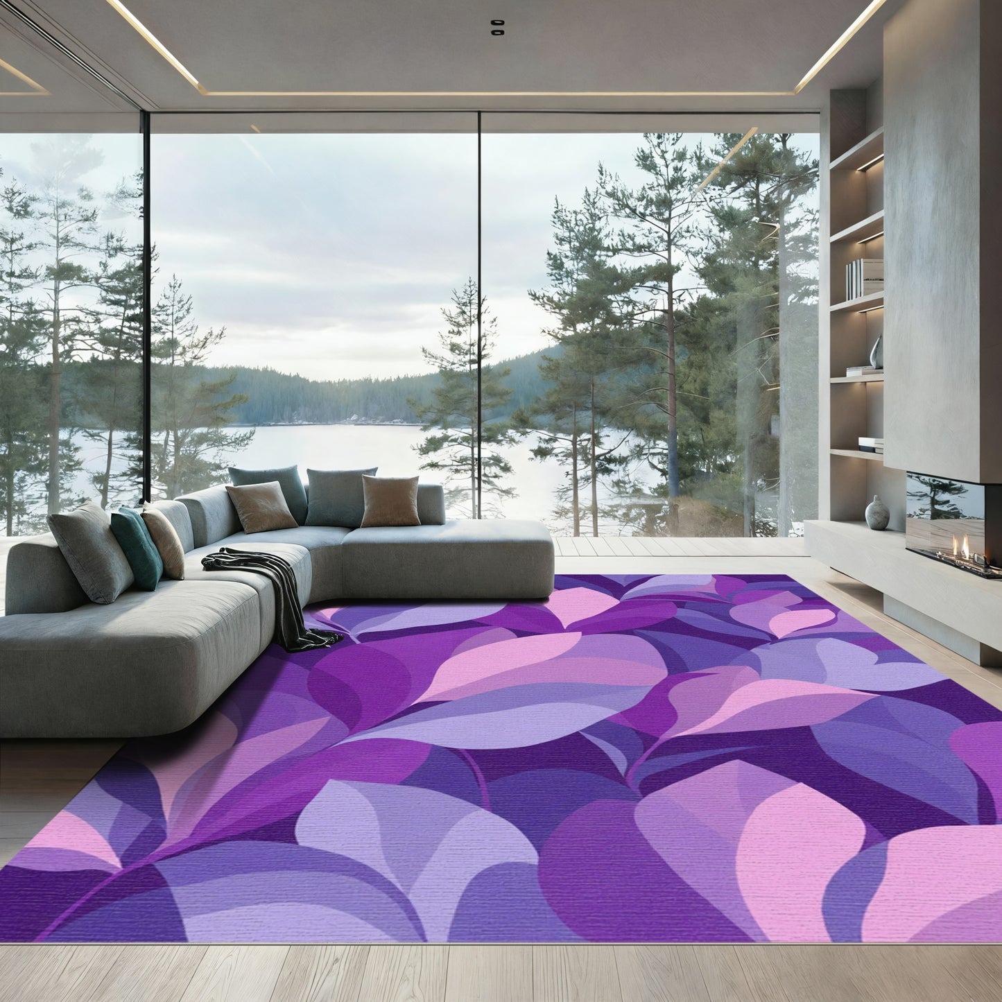 Purple Floral Gradient Leaf Arrangement Rug