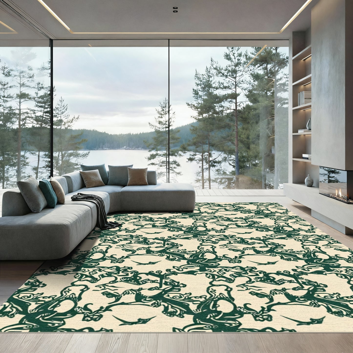 Dark Green Scrollwork Floral Repeating Rug