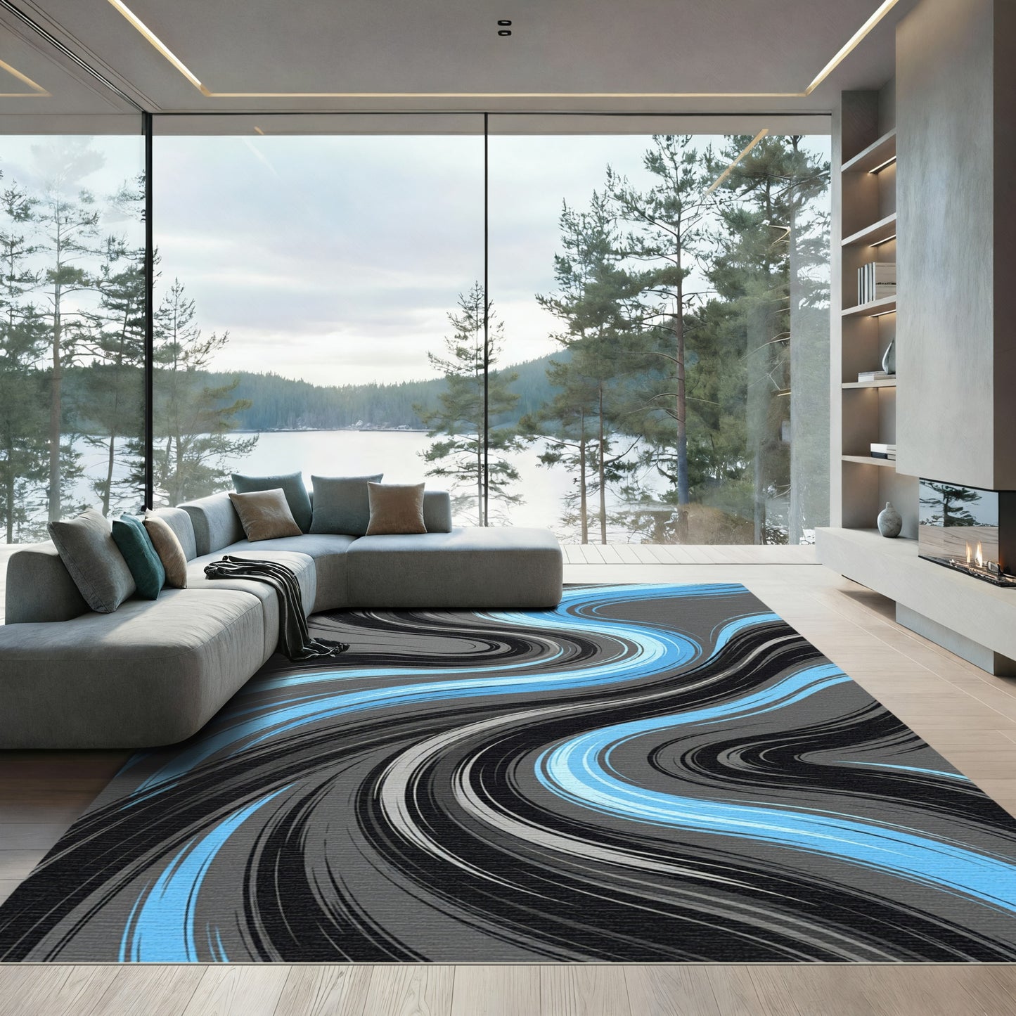 Cool Blue Gray Swirl Abstract Rug