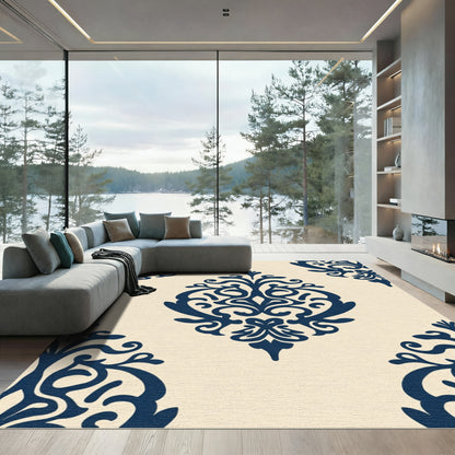 Navy Blue Damask Floral Medallion Rug
