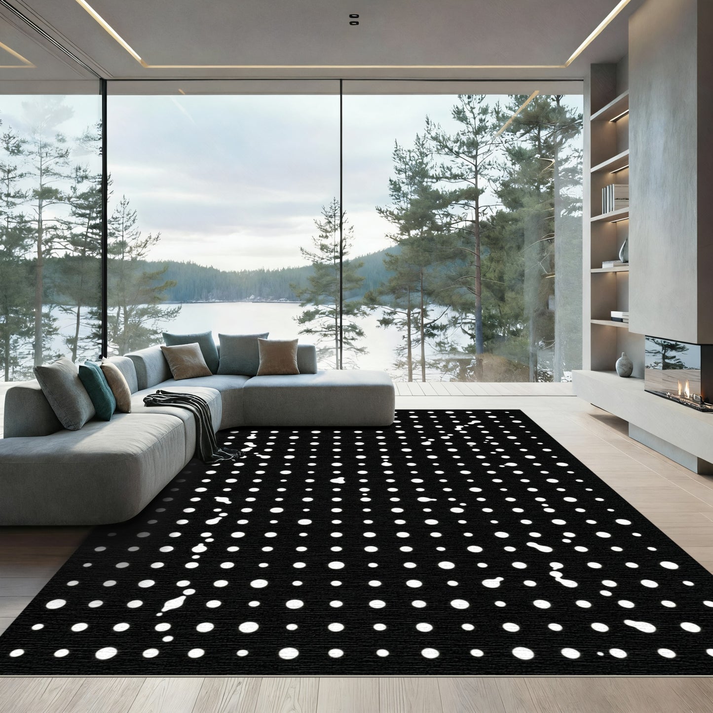 Contemporary Black White Dotted Grid Rug