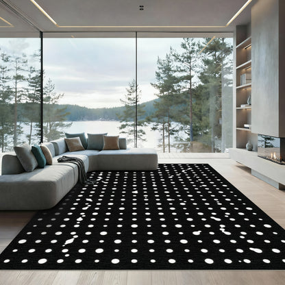 Contemporary Black White Dotted Grid Rug