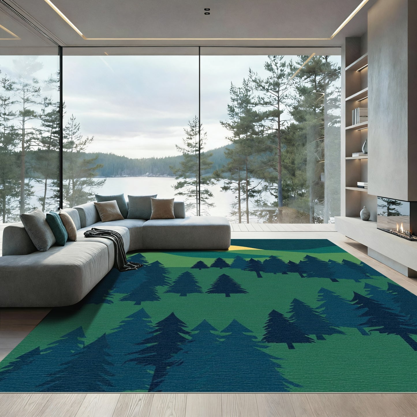 Deep Forest Green Pine Trees Landscape Rug