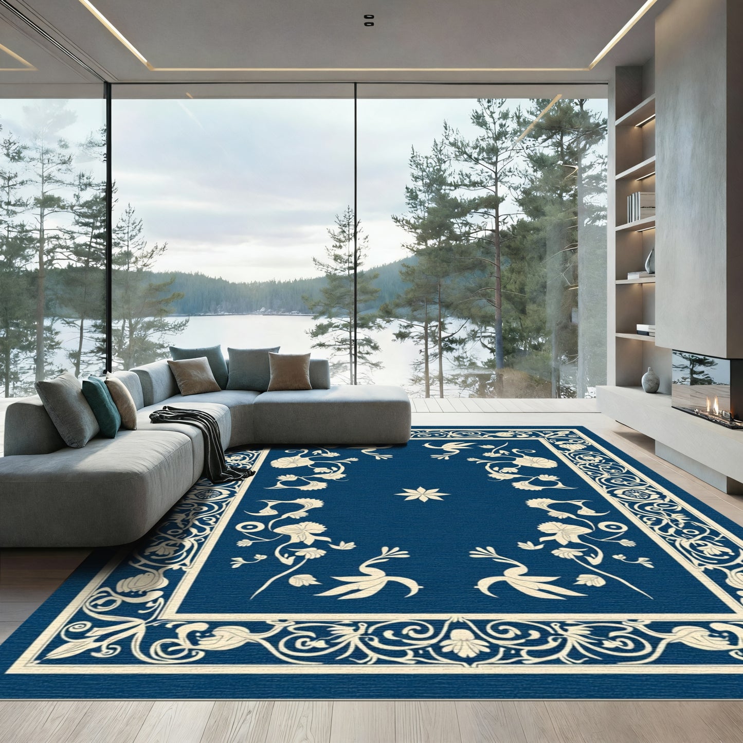 Rich Navy Floral Bird Scroll Rug