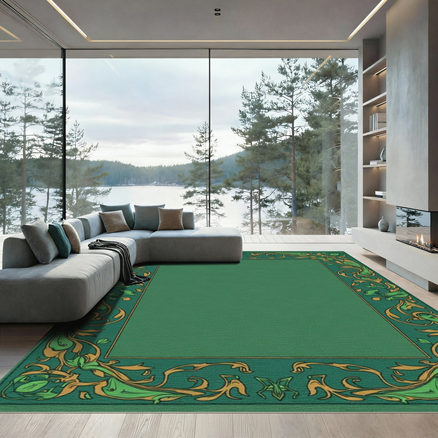 Emerald Green Golden Leaf Border Rug