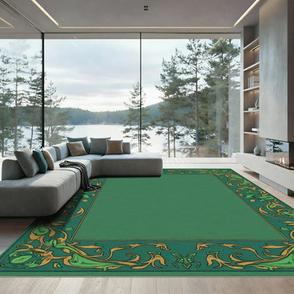 Emerald Green Golden Leaf Border Rug
