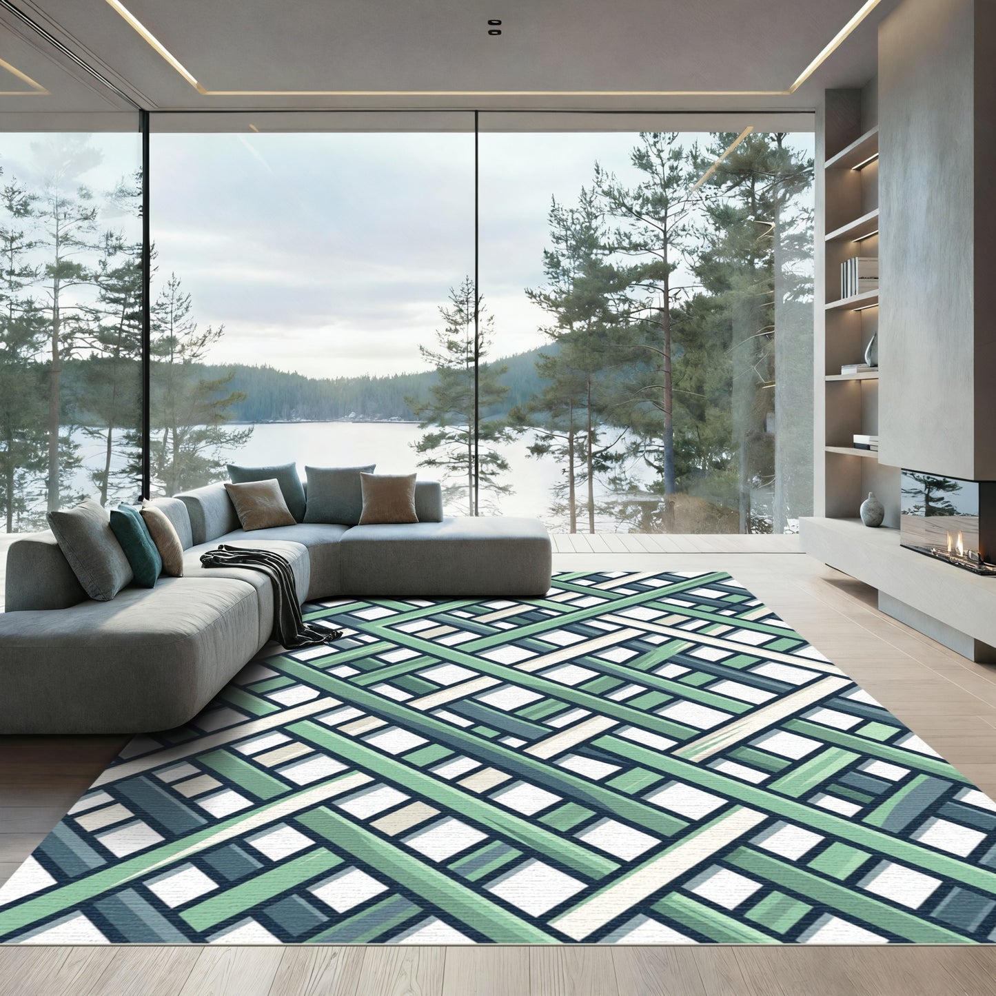 Green Blue Interwoven Lattice Rug