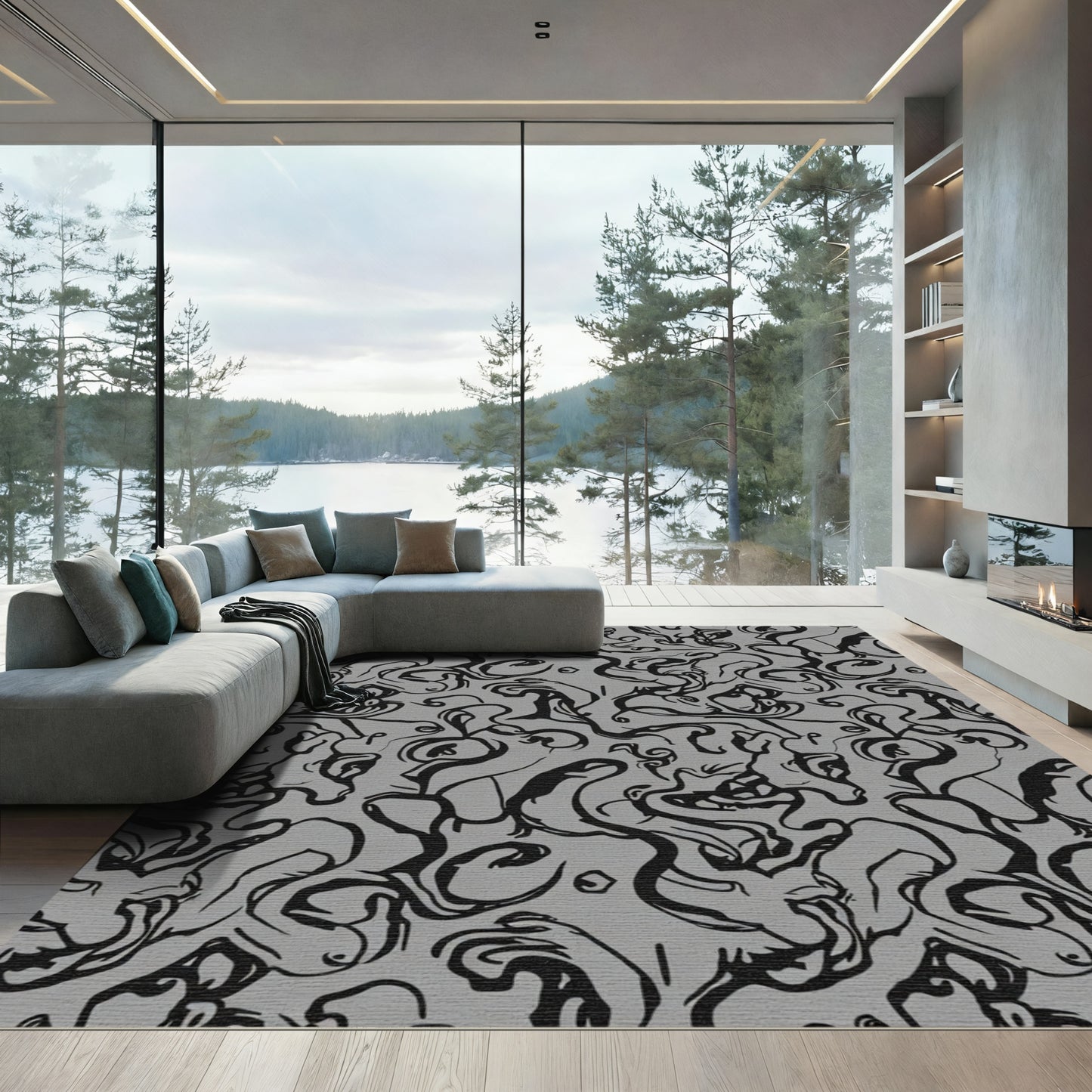 Black Swirls Abstract Gray Background Rug