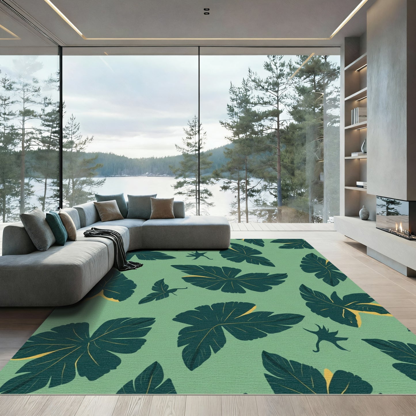 Green Teal Leafy Abstract Art Rug