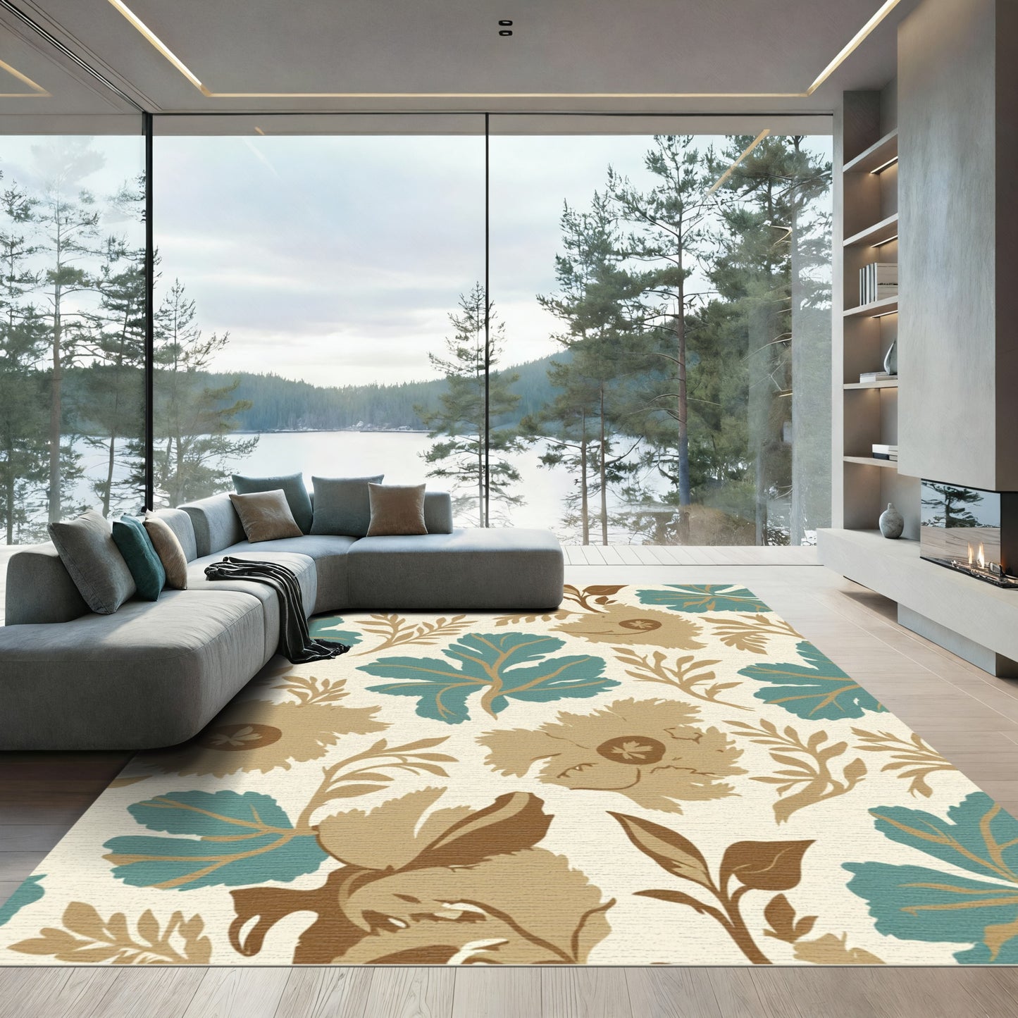 Teal Brown Floral Botanical Cream Rug