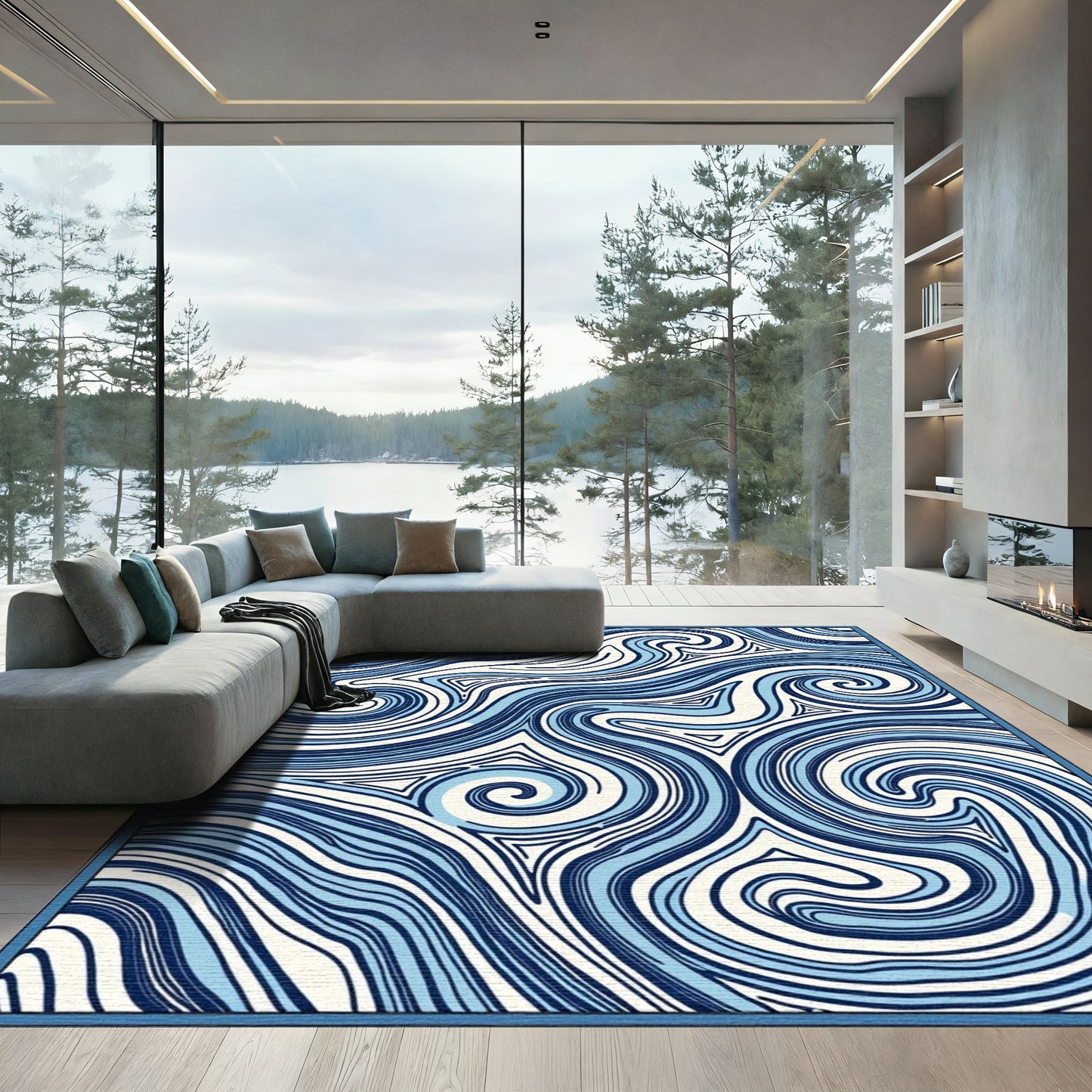 Abstract Navy Swirl Waves Rug