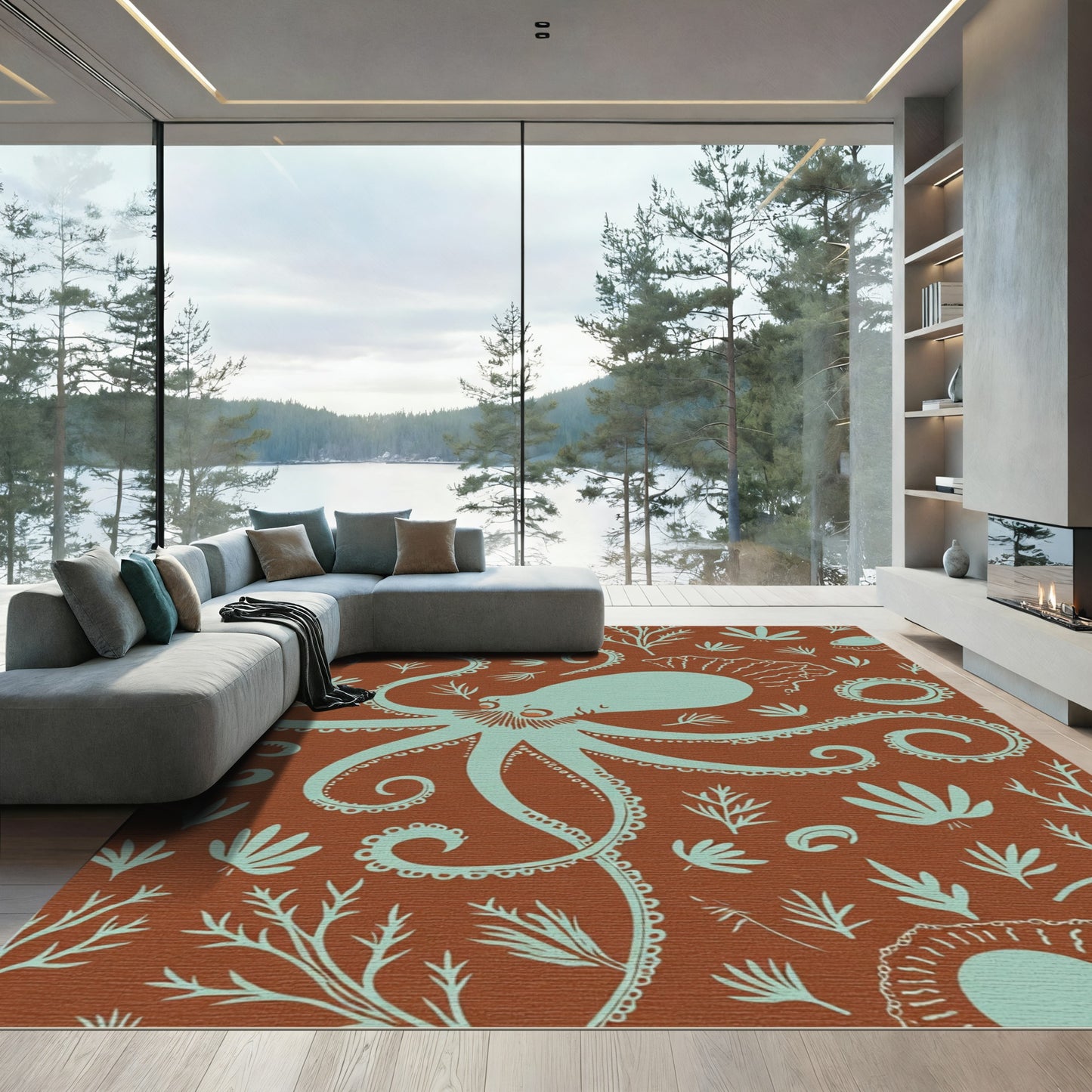 Teal Octopus Sea Botanical Terracotta Rug