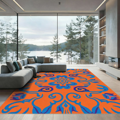 Vibrant Orange Blue Floral Arabesque Rug